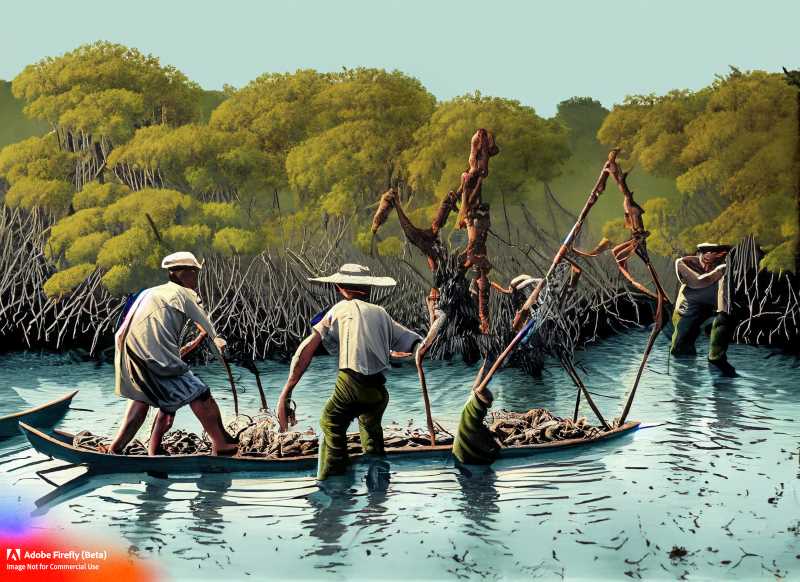 A group of local fishermen harvesting seafood from the rich waters of a mangrove forest.