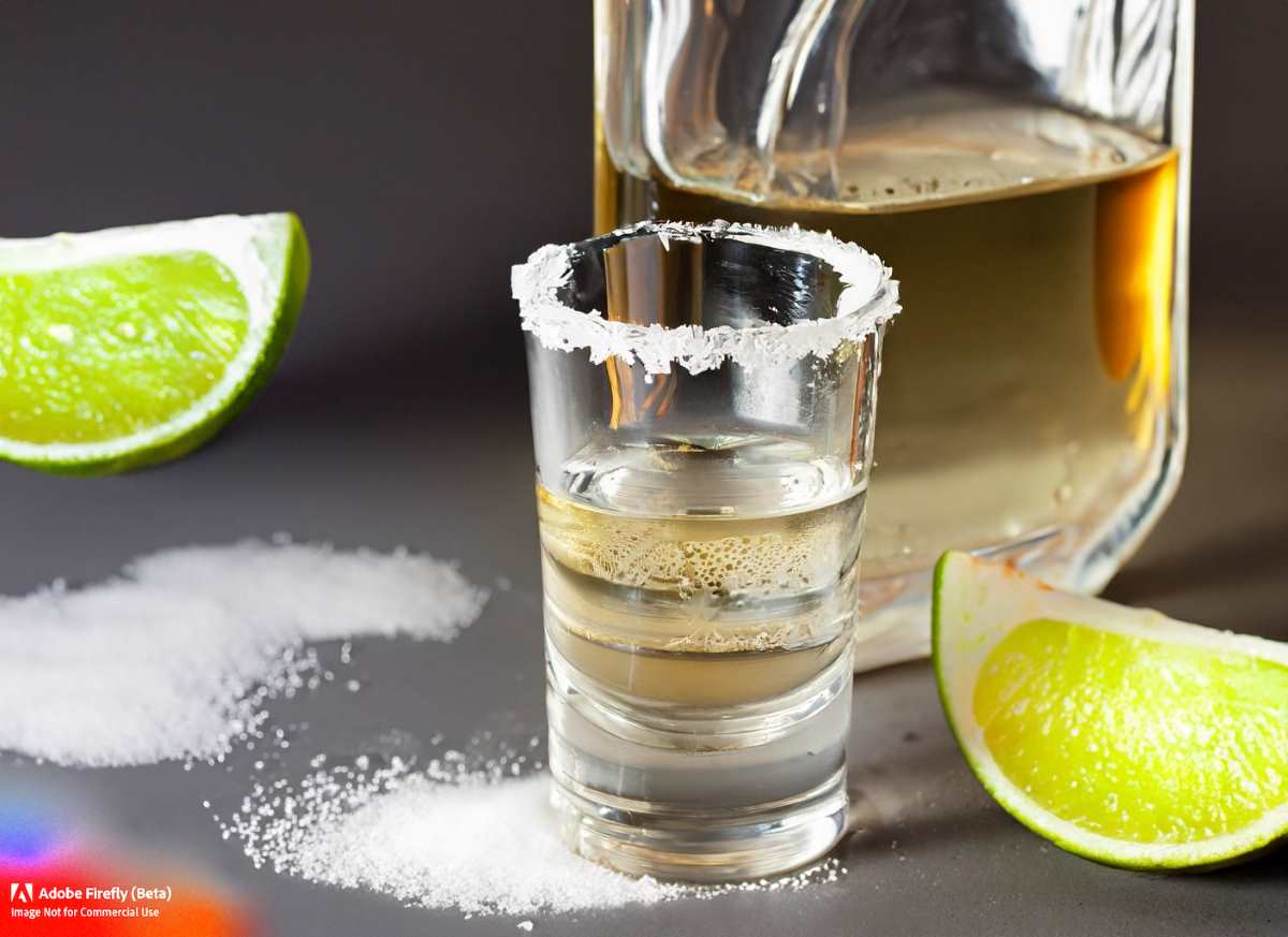A photo of a bottle of tequila with lime and salt.