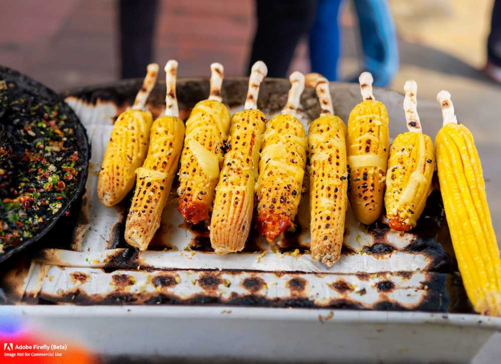 Mexican street food staple elotes, or grilled corn on the cob topped with cheese and spices.