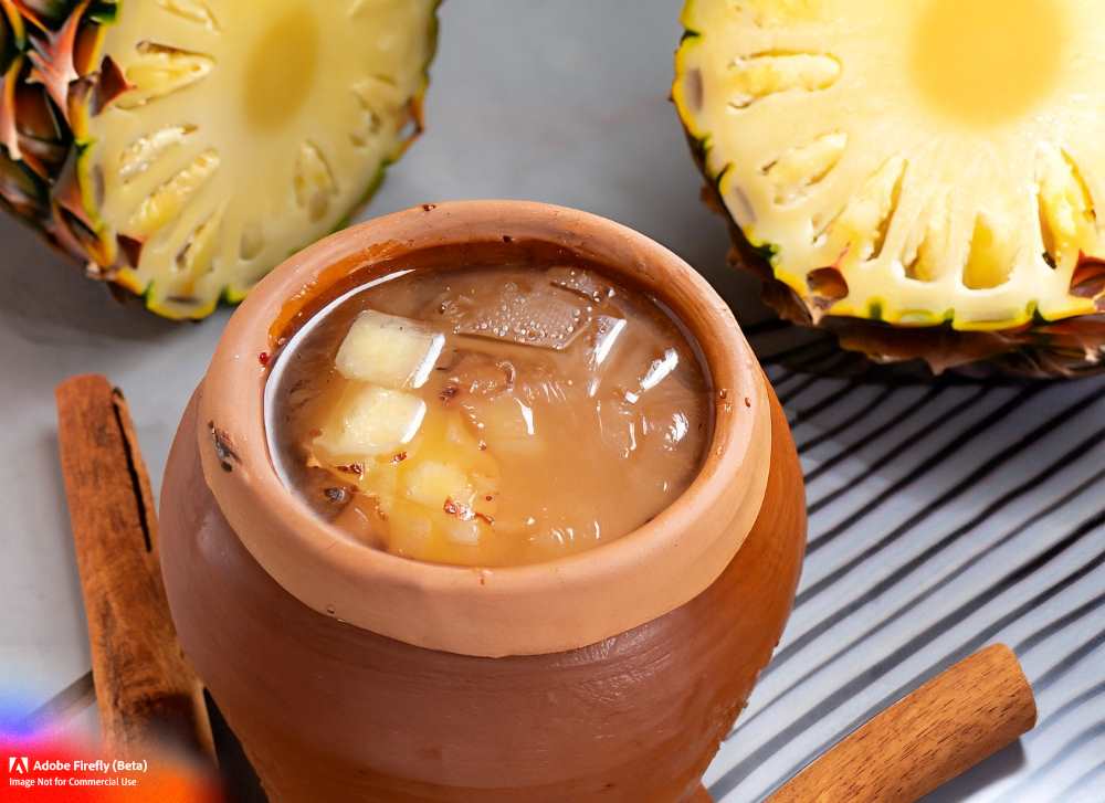 Tepache, a refreshing fermented drink made from pineapples, cinnamon, and brown sugar.