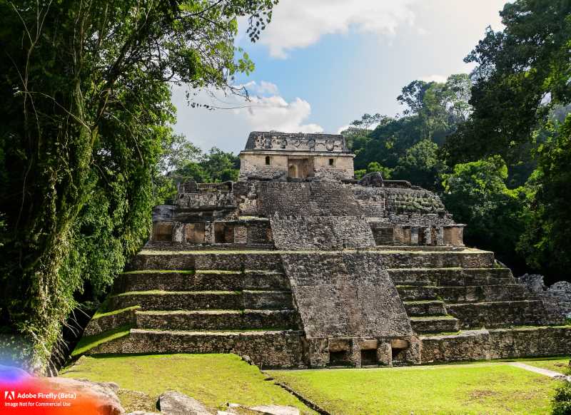 The ancient Mayan city of Palenque, nestled within the dense jungle.