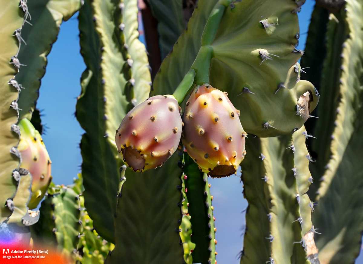 Here, ripe tunas hang from the cactus's paddle-shaped stem.