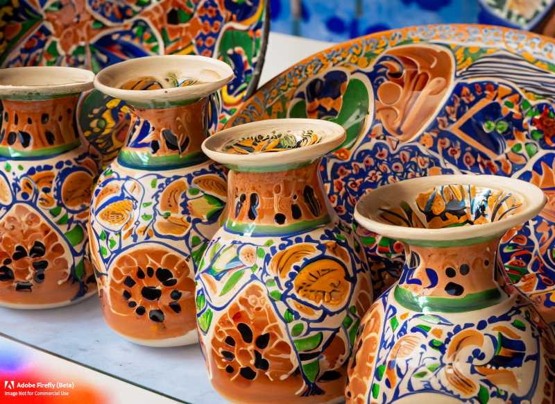   Talavera pottery is on display, showcasing the craftsmanship and rich cultural heritage of Dolores Hidalgo.