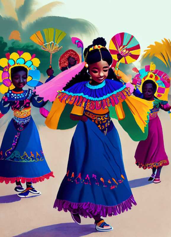 Children of the Afro-Mexican community dance in vibrant costumes, blending ancestral faiths and modern beliefs.