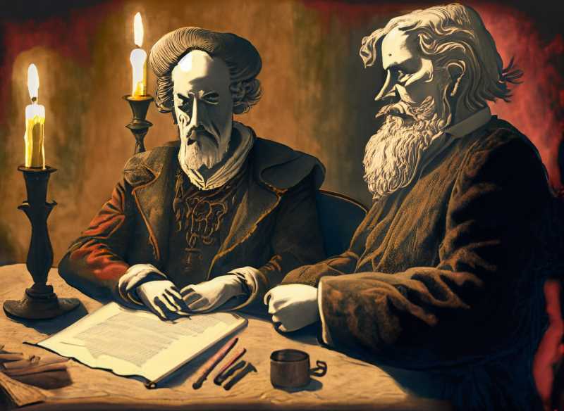 Engels and Marx: The original power-duo brainstorming over a candlelit manuscript.