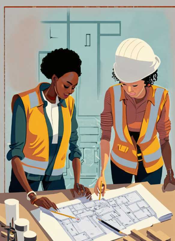 Women in construction examine architectural plans.