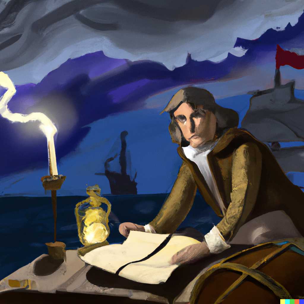 Christopher Columbus, beneath the dim glow of a lantern, documents his groundbreaking discoveries.