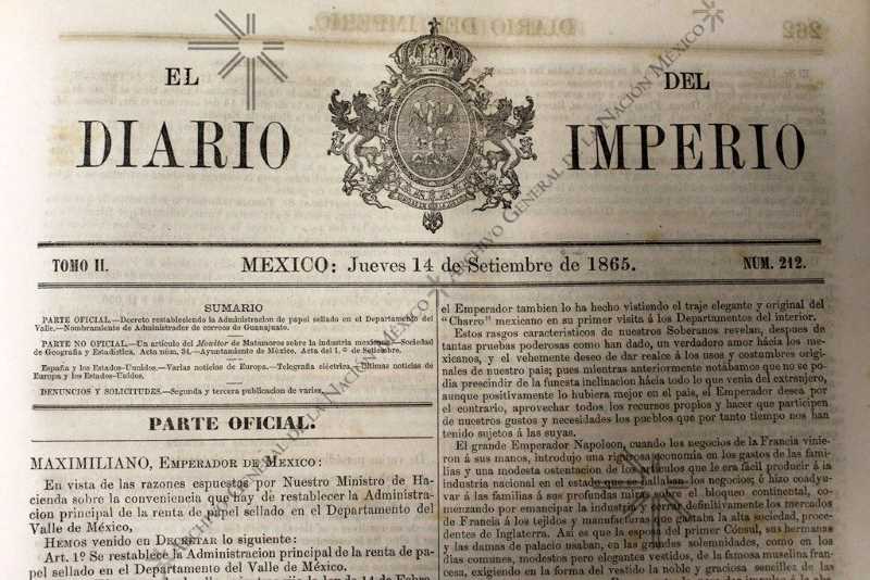 El Diario del Imperio, printed matter used for the publication of decrees imposed by the second empire.