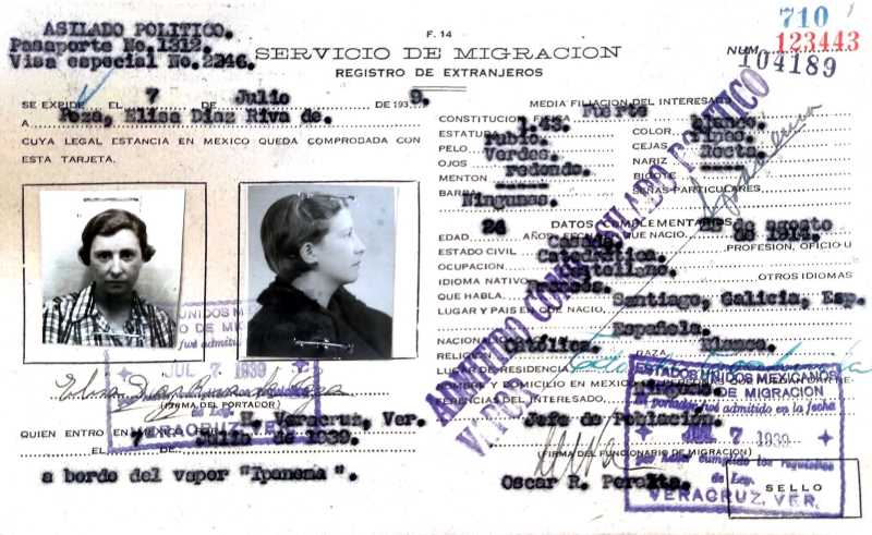 Identification card of Elisa Díaz Riva, political asylum seeker who decided to remain in Mexico, 1939.