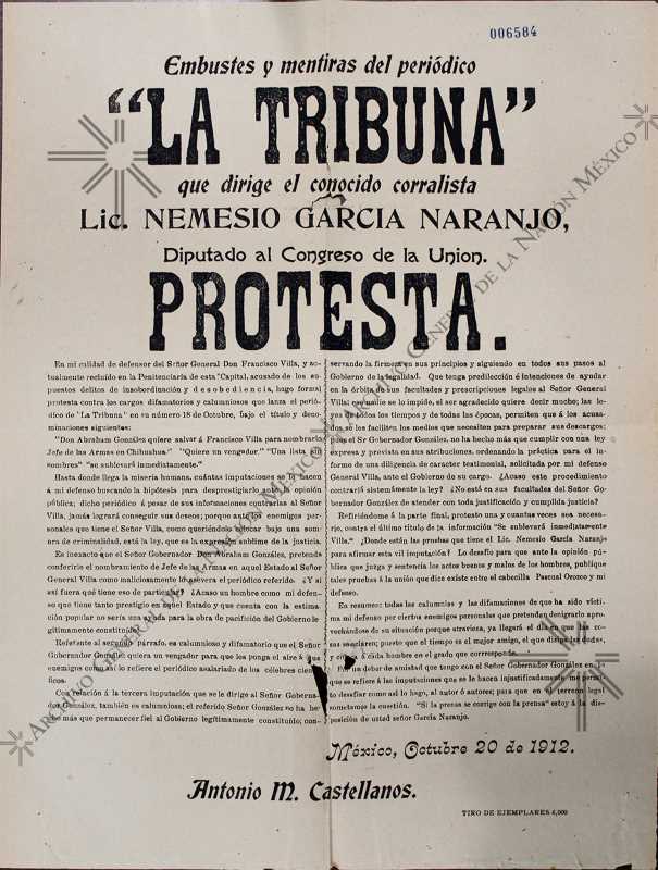 Manifesto of Antonio Méndez Castellanos to Nemesio García Naranjo, director of the newspaper La Tribuna.