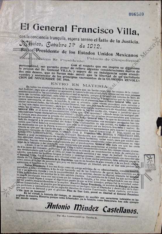 Petition for pardon for General Francisco Villa by Antonio Méndez Castellanos, October 1, 1912.