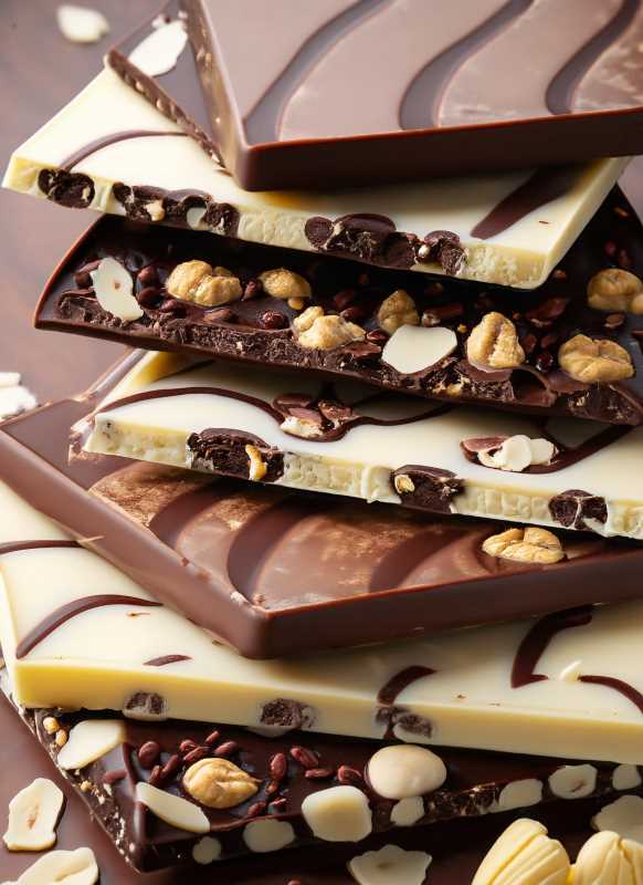 Dark and white chocolate elegantly marbled, a canvas for the perfect blend of nuts and dried fruits.