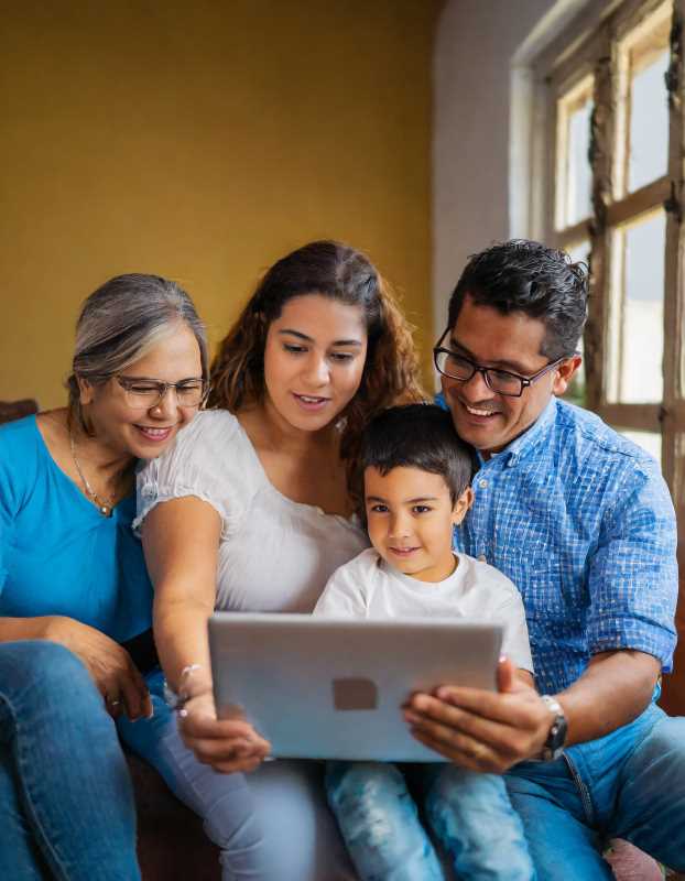 A family gathers around a digital device, emphasizing the importance of setting internet rules and using parental controls.