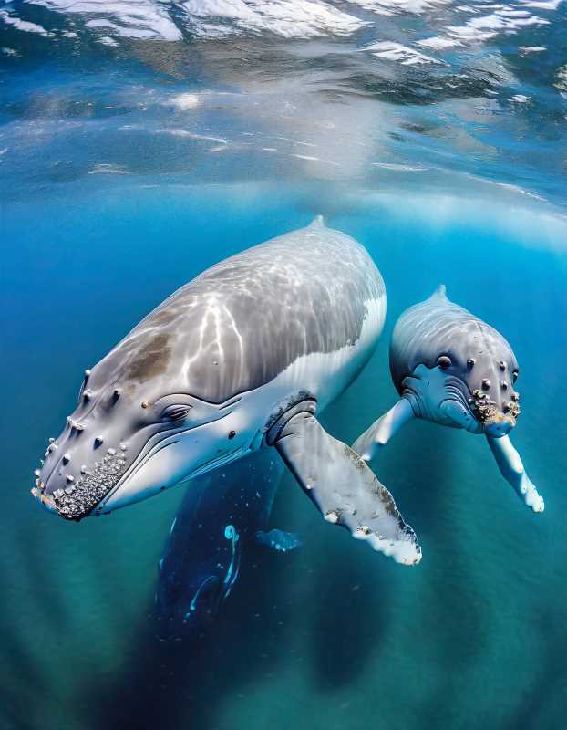 A mother and calf pair of gray whales swim peacefully in the Pacific Ocean.