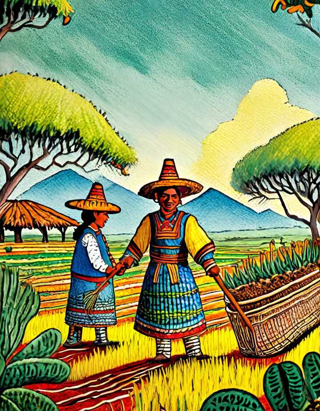 Aztec laborers, the macehualtin, cultivating communal lands, essential in sustaining the civilization.