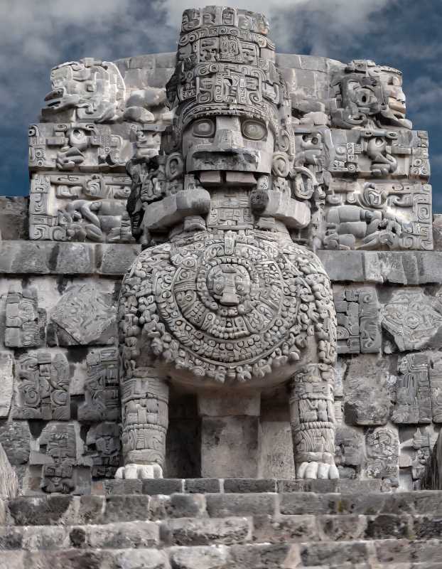Aztec stone carving mastery on display – from the formidable Coatlicue to intricate Xochicalco pyramid reliefs.