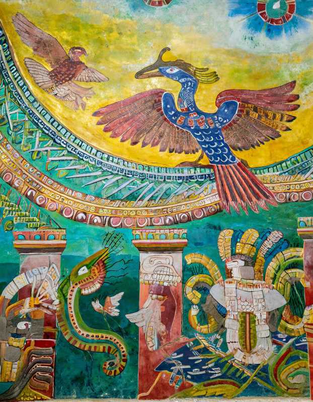 A  mural depicting the Aztec's migration and the prophecy of the eagle and the serpent.