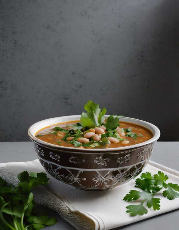 Fresh cilantro leaves sprinkled over the hearty bean soup, adding a burst of color and citrusy freshness to the dish.