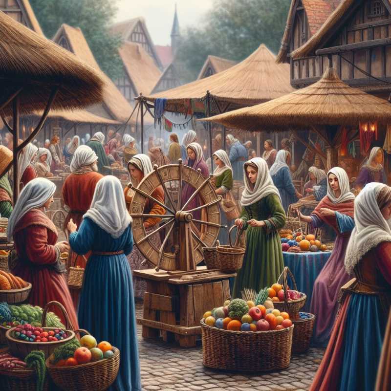 A vibrant medieval marketplace with women vendors and artisans, showcasing their diverse roles in society.