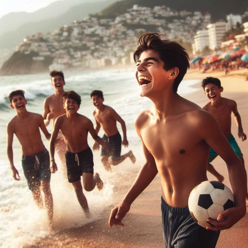 Children playing soccer on a beach in Acapulco, symbolizing hope and resilience in the face of adversity.