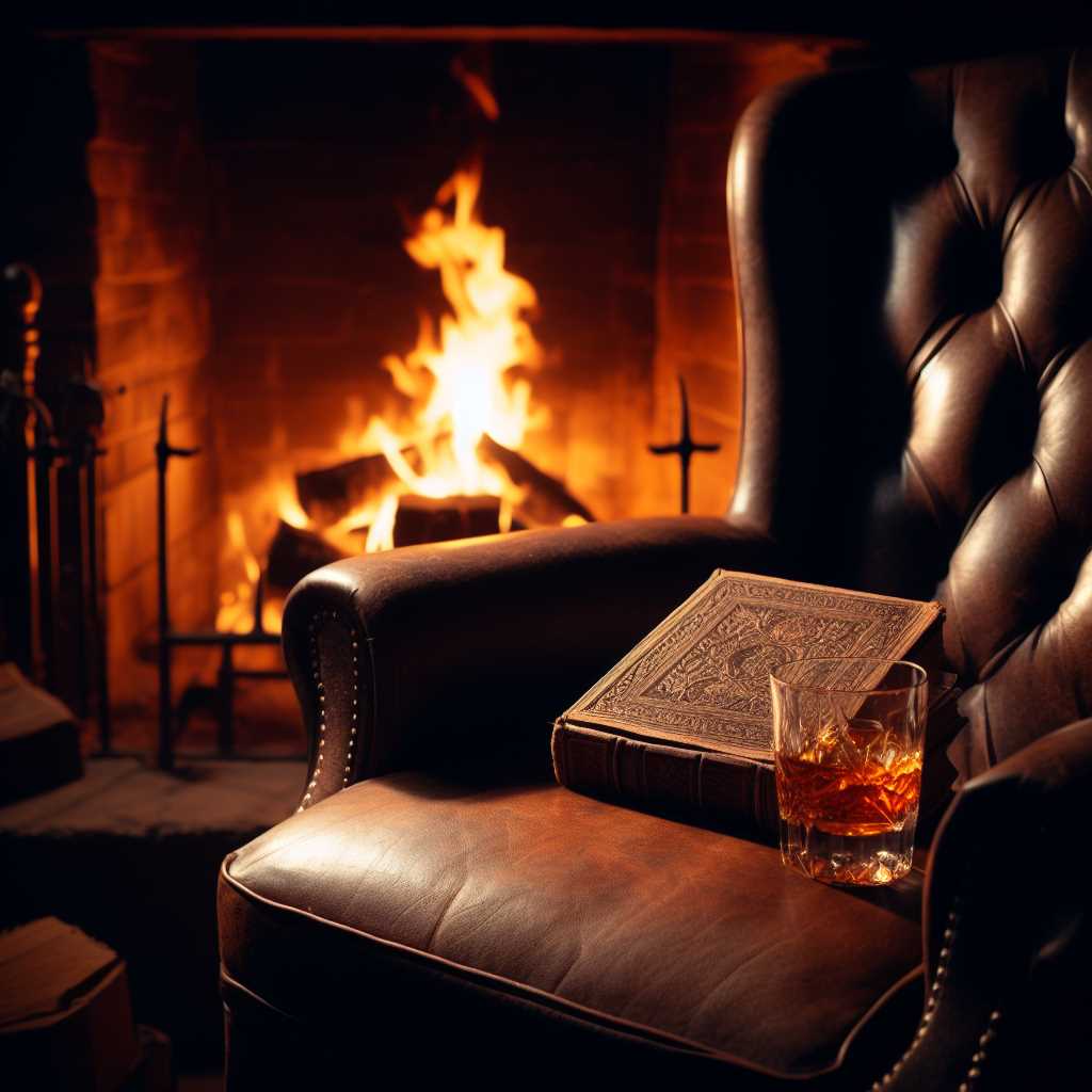 A half-filled glass of amber whisky gleams in the firelight, casting warm shadows on the walls.