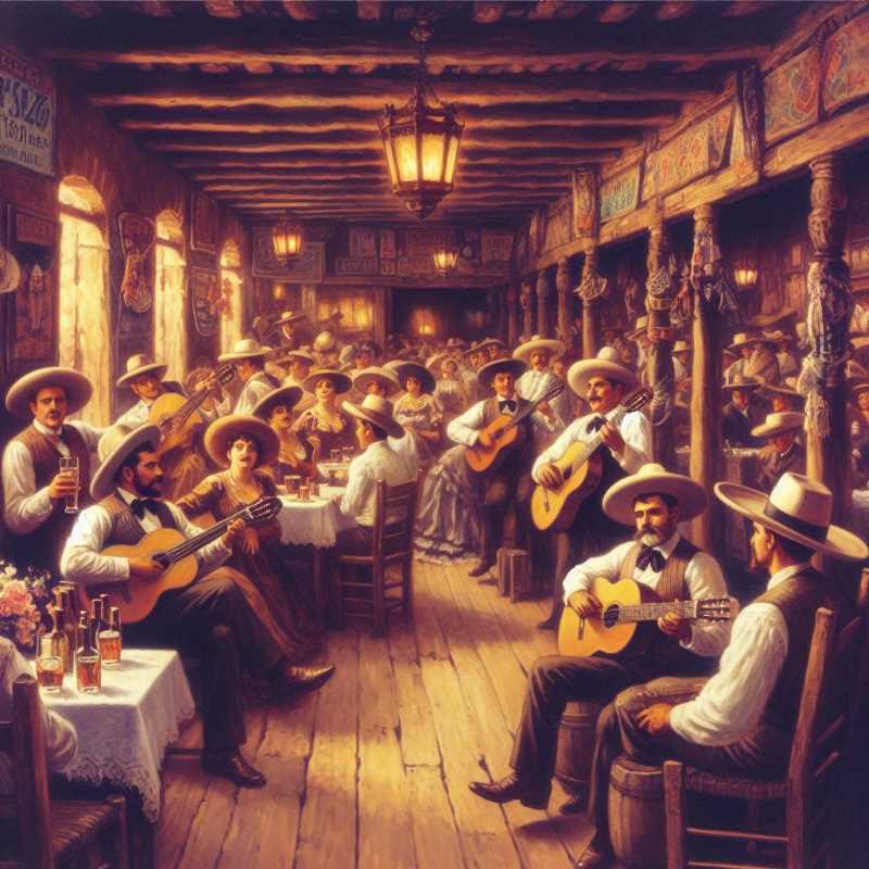 Lively cantina crowd singing along to a Mexican revolutionary corrido.
