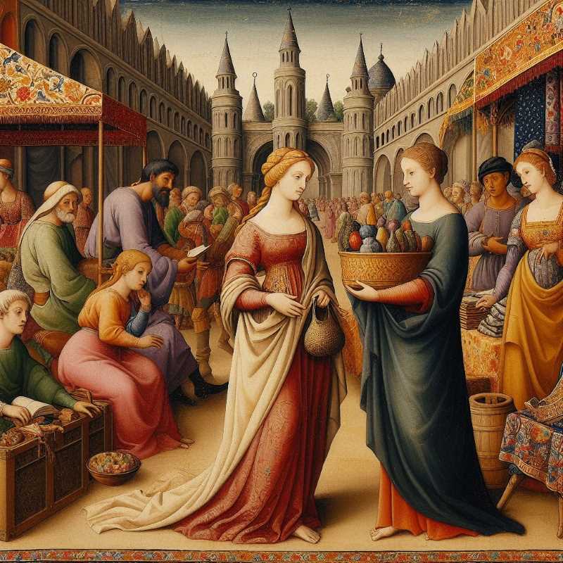 Medieval marketplace scene with women prominently featured, symbolizing their economic agency in marriage.