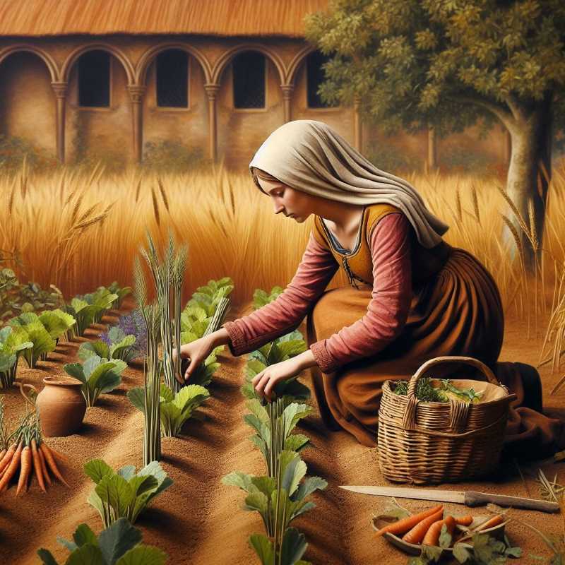 A medieval illustration featuring a woman working in the fields.