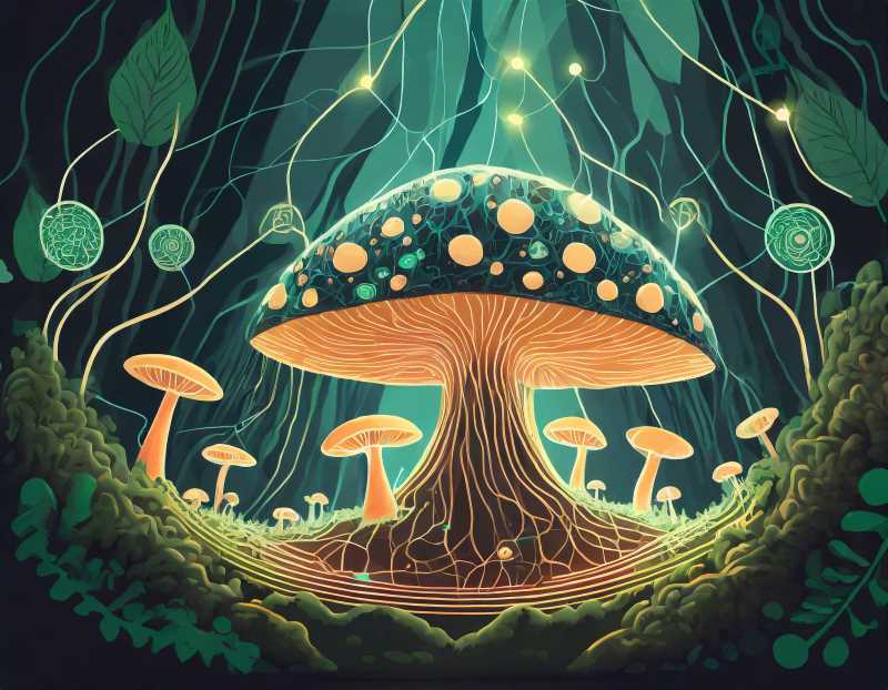 Illustration of a fungal network connecting plants underground with glowing lines, symbolizing the communication.