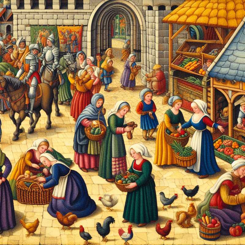 Women weaving the fabric of everyday life in the bustling marketplace in the Middle Ages.