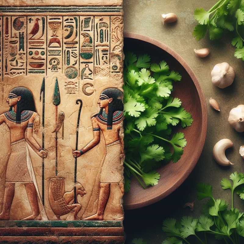 Split image with one side showing an ancient Egyptian tomb, the other a cilantro as a garnish.