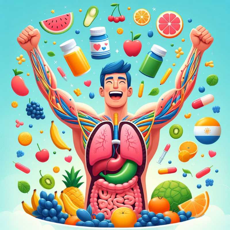 Animated illustration of a man's body with different organs holding hands and celebrating with fruits and supplements.