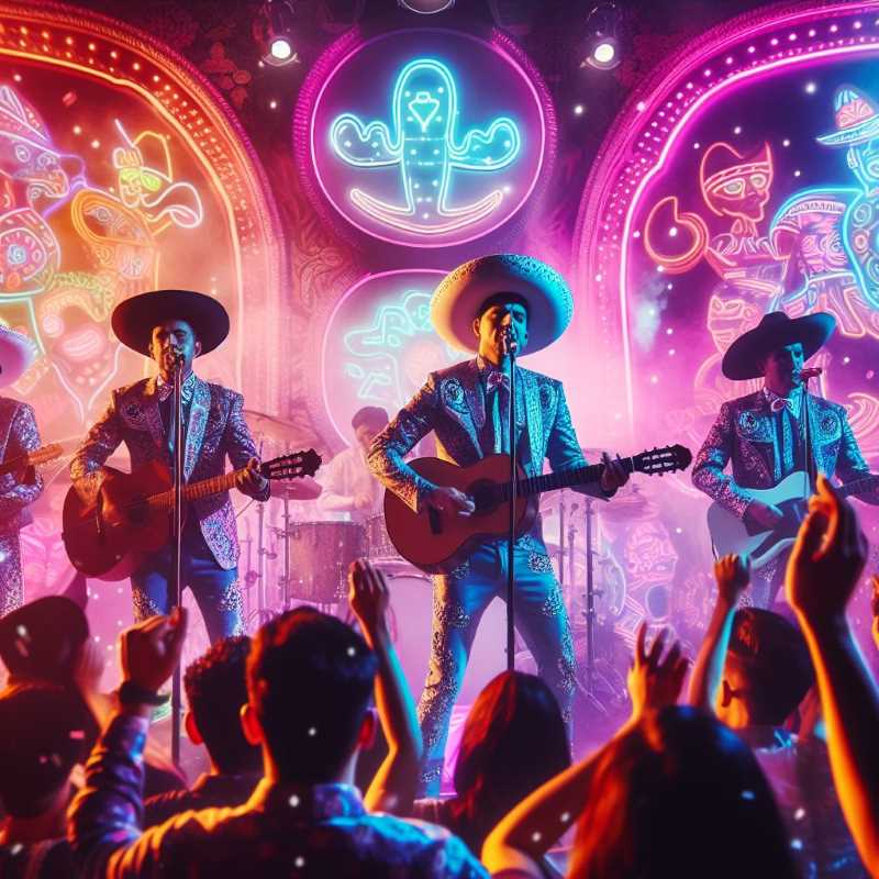 Brightly-dressed norteño band playing on a neon-lit stage, crowd dancing with energy.