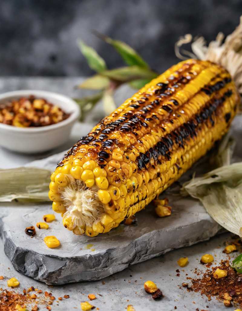 Grilled corn cob with golden brown kernels and a hint of char.