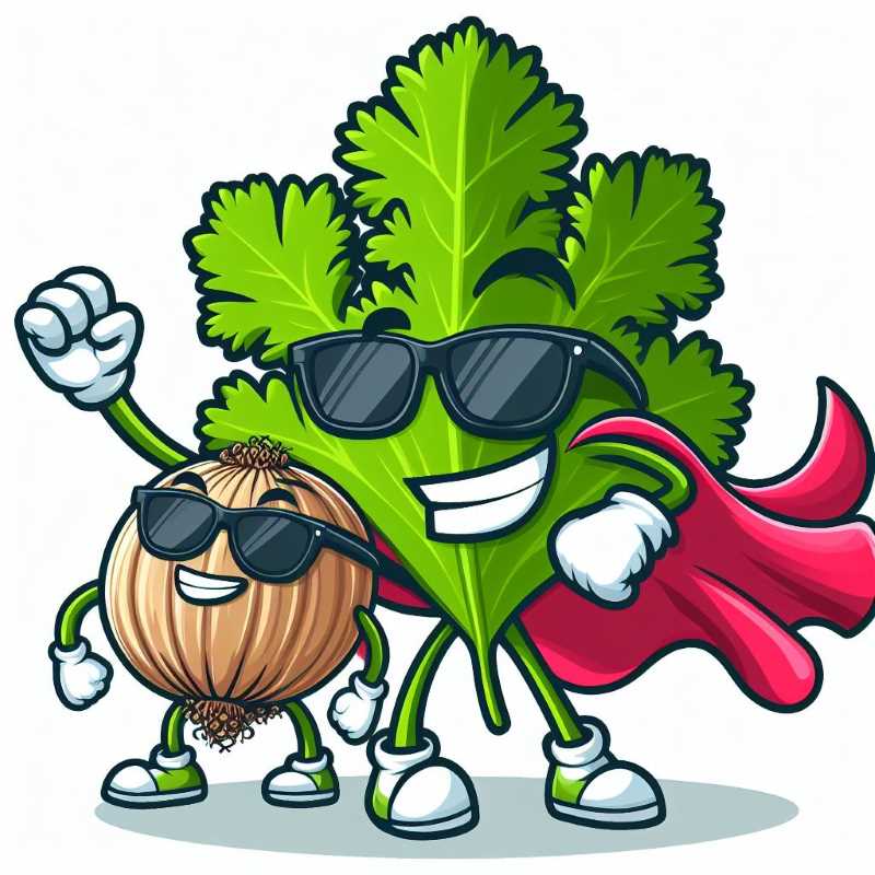 Humorous illustration of a cartoon cilantro leaf and coriander seed with sunglasses and superhero capes, striking a dramatic pose.