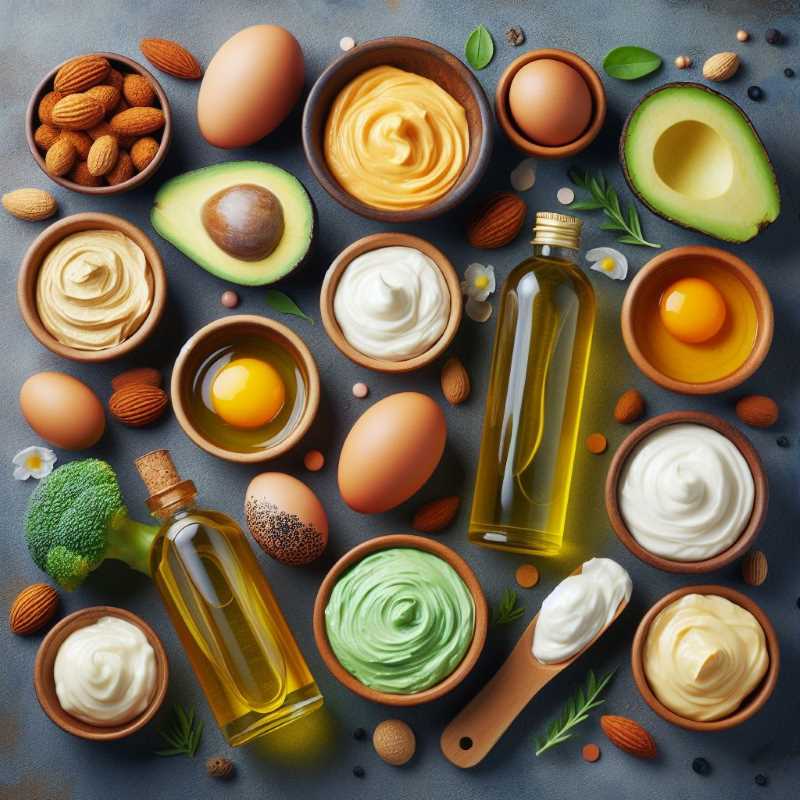 Photo of various DIY hair masks made with kitchen ingredients like avocado, mayonnaise, and eggs.