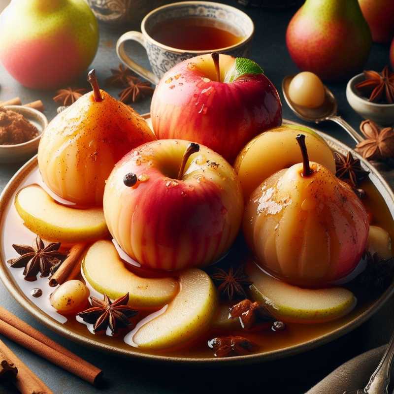 Poached apples and pears in spiced apple cider, illustrating the versatility of poaching for delicious desserts.