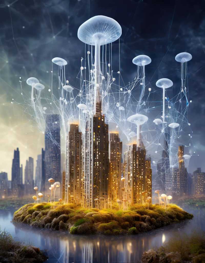 A photo of a futuristic cityscape with buildings integrated with glowing fungal mycelium networks.