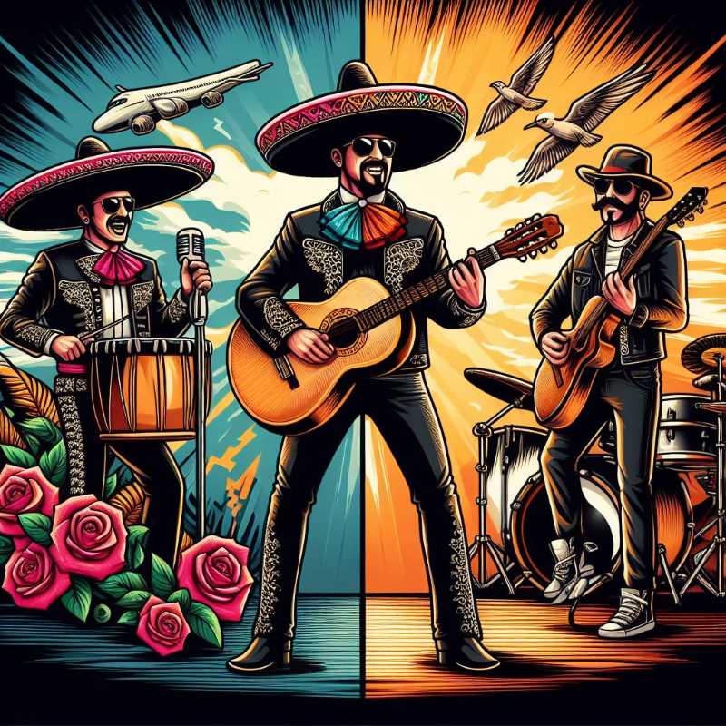 Split image: traditional mariachi band on one side, modern rock band on the other.