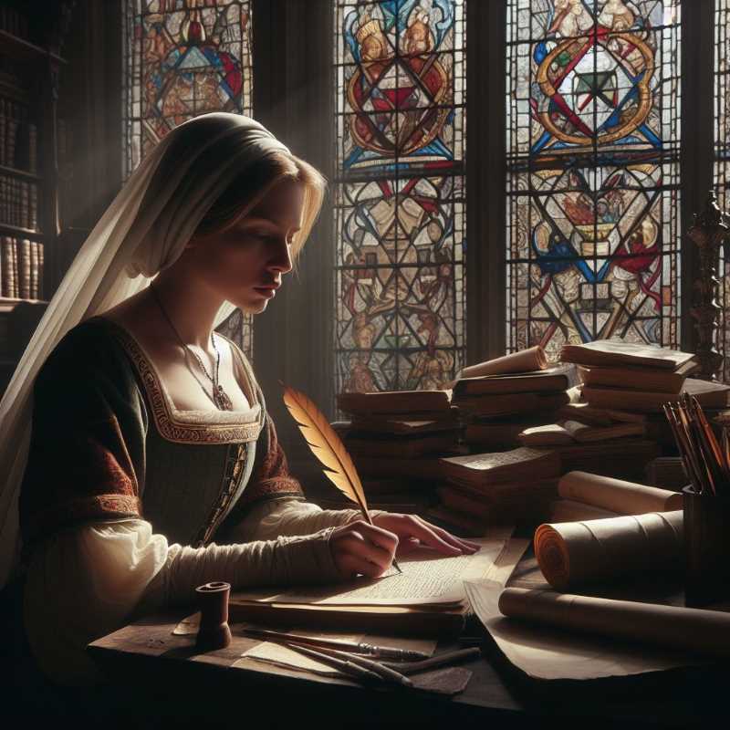 A 15th-century woman sits at a desk, quill in hand, surrounded by books and scrolls.