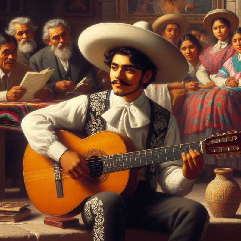 A Mexican musician performing on a traditional guitar, a symbol of the significance of corridos in the revolution.