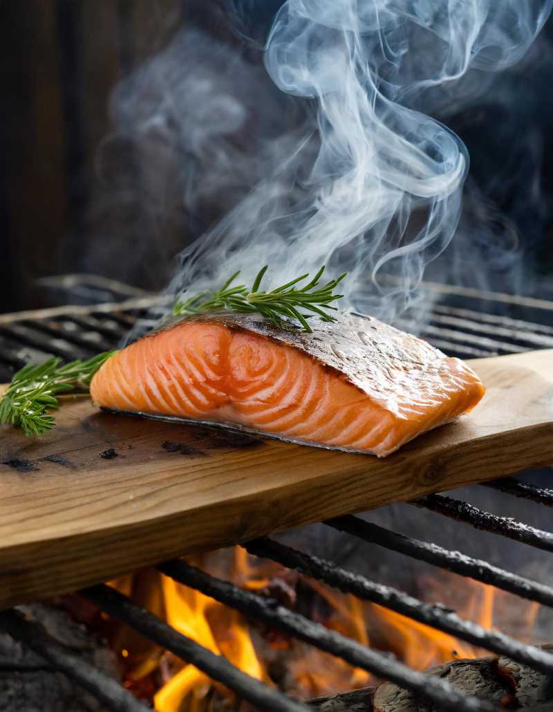 Cedar plank with cooked salmon on a barbecue grill, emitting a delicate smoke.