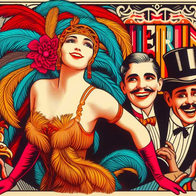 A vintage poster for a Mexican revista, featuring a showgirl, a leading man, and a comedian.