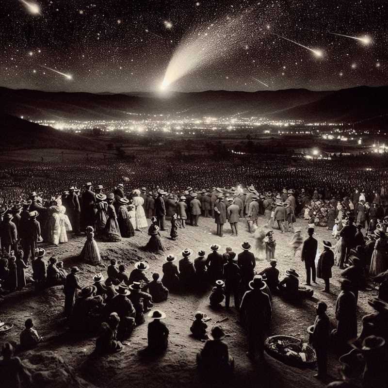 Historical depiction of a crowd gazing at Halley's Comet in 1910 Mexico, symbolizing the hope and anticipation surrounding the Madero Revolution.