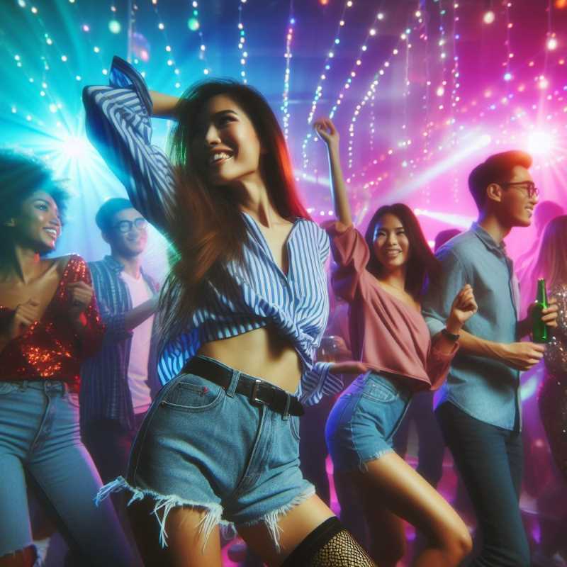 A crowd of diverse people dancing under colorful lights in a nightclub, suggesting carefree fun.