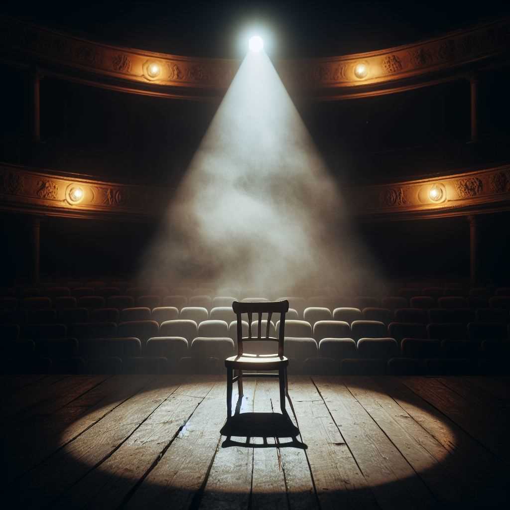 A dimly lit theater stage, empty except for a single spotlight shining on a worn wooden chair.