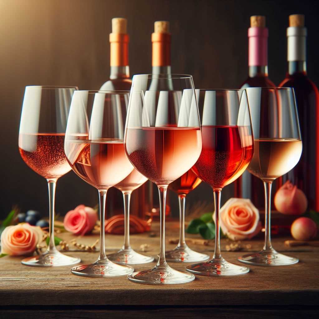 A colorful flight of rosé wines showcasing the diverse shades of pink.