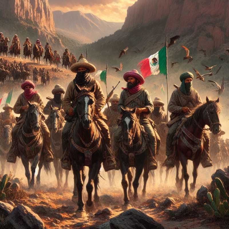  Illustration of Zapatista soldiers on horseback, wearing sombreros and bandanas, with rifles slung across their backs.