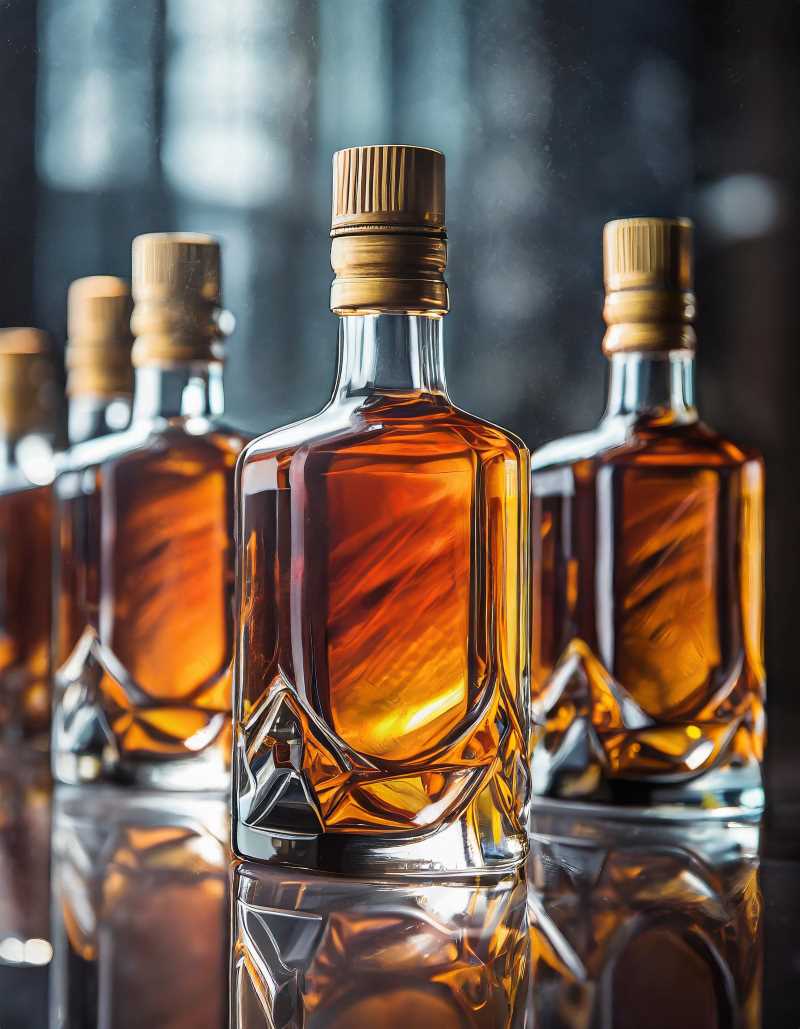 A lineup of Canadian whisky bottles without labels.