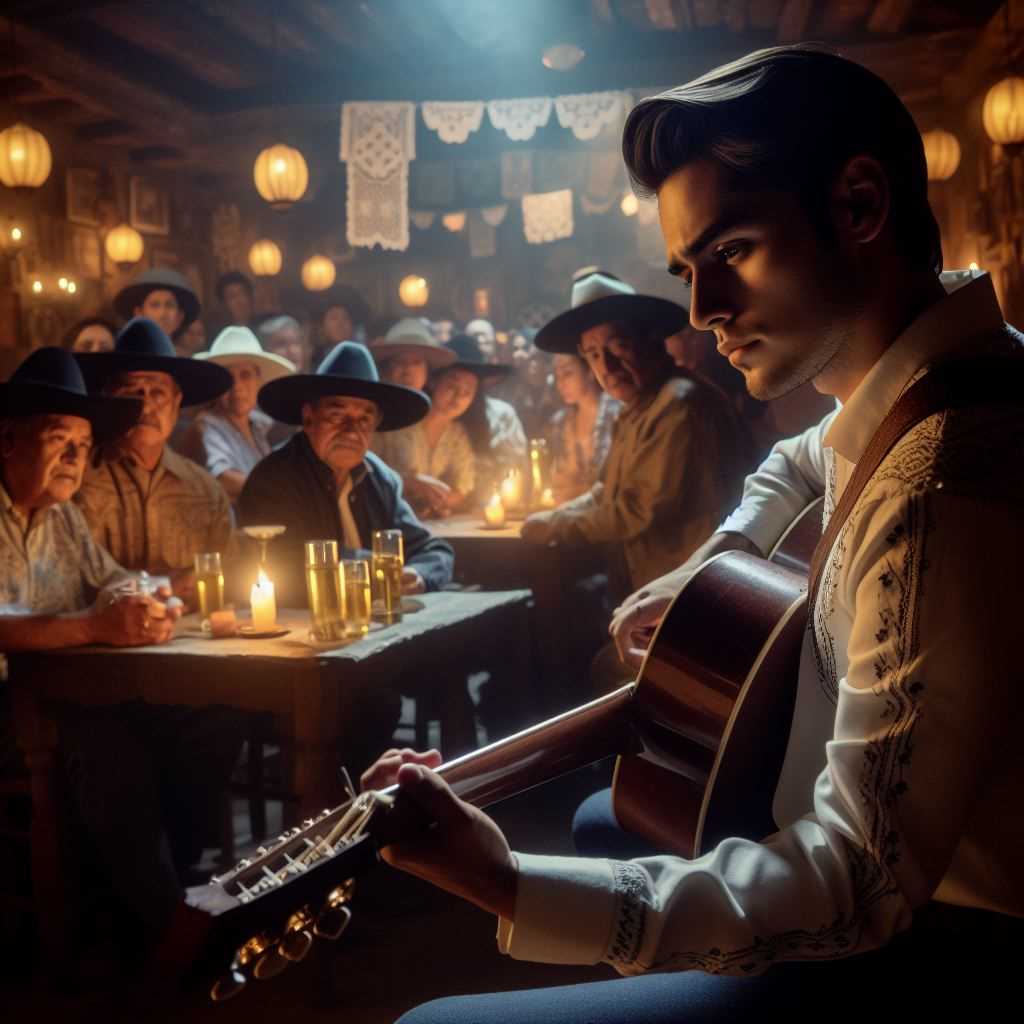 A lone corridos singer strumming a guitar in a dimly lit cantina, surrounded by attentive listeners.